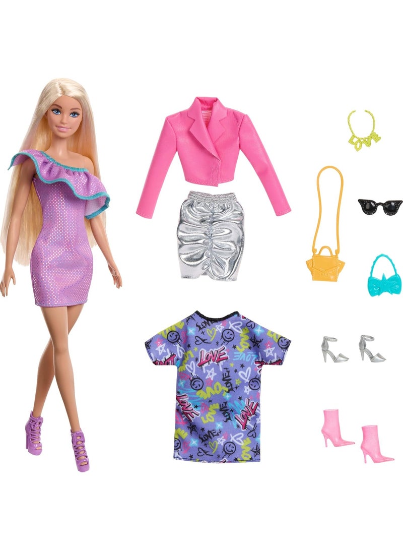 Barbie Doll with Clothes and Accessories, Blond Hair and 3 Party-Themed Mix-And-Match Outfits Including Dresses, Purses and Heels - Image 5