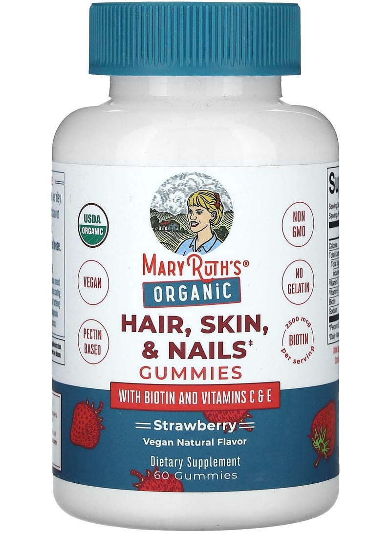 MaryRuth's Organic Hair, Skin & Nails Gummies, Strawberry, 2,500 mcg, 60 Gummies (1,250 mcg Per Gummy)