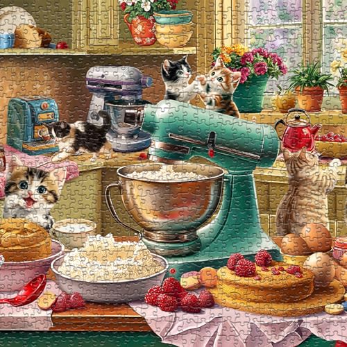 PICKFORU Cat Puzzles for Adults 1000 Pieces Funny Puzzles Kittens Food Cake Cat in Kitchen Puzzle Animal Kitty Jigsaw Puzzle Challenge - Image 5