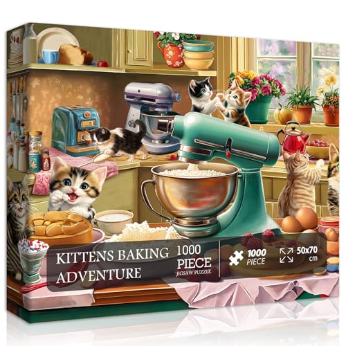 PICKFORU Cat Puzzles for Adults 1000 Pieces Funny Puzzles Kittens Food Cake Cat in Kitchen Puzzle Animal Kitty Jigsaw Puzzle Challenge - Image 1