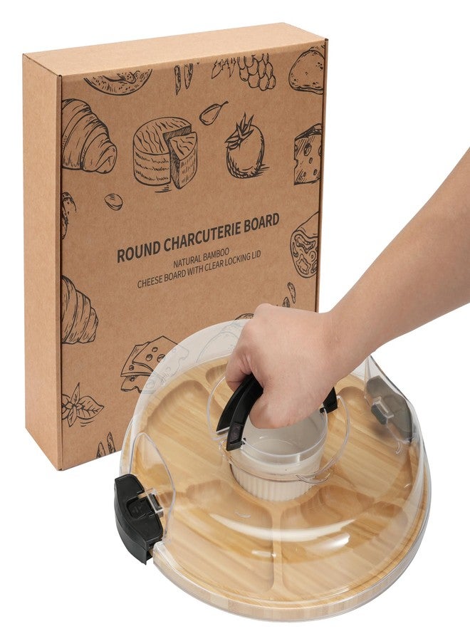 WILLKOMMEN Charcuterie Board with Lid- 6 Section Round Serving Tray with Carry Handle & Locking Lid, Portable Bamboo Serving Platter, Food Trays for Party Picnic Cheese Snack - Image 1