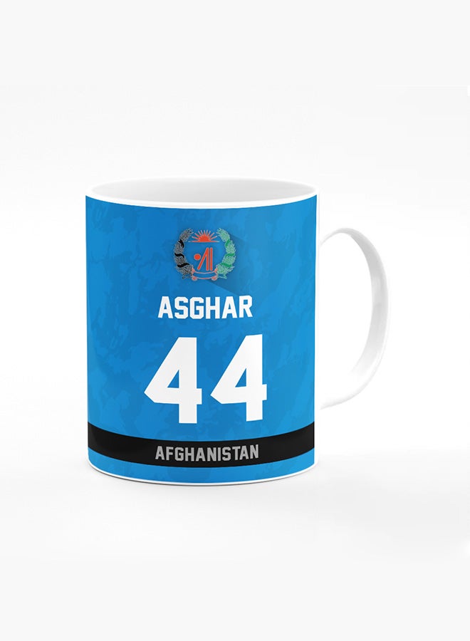 Stylizedd Designer Printed Coffee Mug with Heavy Duty Handle 11oz Ceramic Personalised Gift Mugs Cup - Cricket Player - Asghar Afghan, Jersey Number - 44 (With Logo) - Image 1