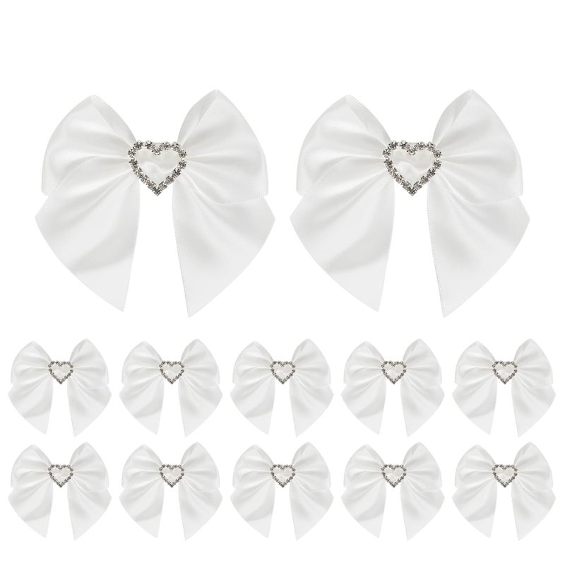 AIMUDI White Bows Satin Ribbon Rhinestone Bows 3 Premade Sparkle Bows with Gems PreTied Craft Bows with Rhinestone Gift Bows for Wedding Sewing Crafts Gift Wrapping Baby Shower 12 Counts