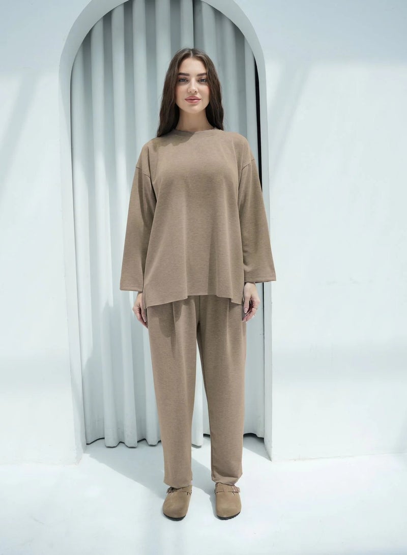 Andy 6653 | Women's Premium Cotton Oversized Two-Piece Lounge Set – Relaxed Fit Top with Long Sleeves and Wide-Leg Pants | Beige