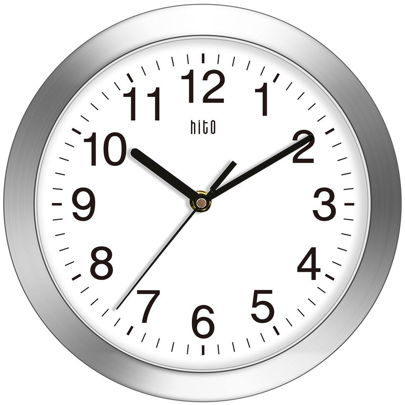 HITO 10 Inch Silent Wall Clock Battery Operated Non Ticking Glass Cover Silver Aluminum Frame for Kitchen Bedroom Home Office Living Room Decor