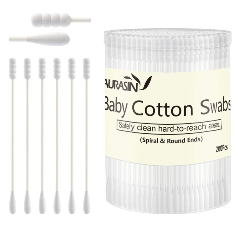 Aurasin Baby Cotton Swabs, Paper Sticks Cotton Buds for Baby Ear Nose Clean-200Pcs(Spiral & Round) - Image 1