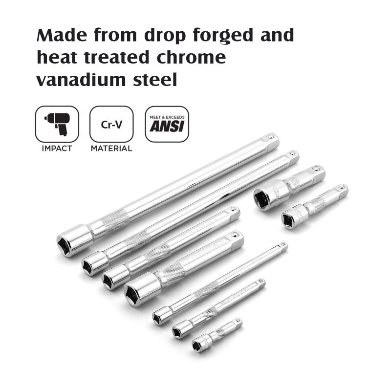 MIXPOWER 9-Piece Extension Bar Set, 1/4", 3/8" and 1/2" Drive Socket Extension Bar, CR-V, Mirror Finish - Image 3