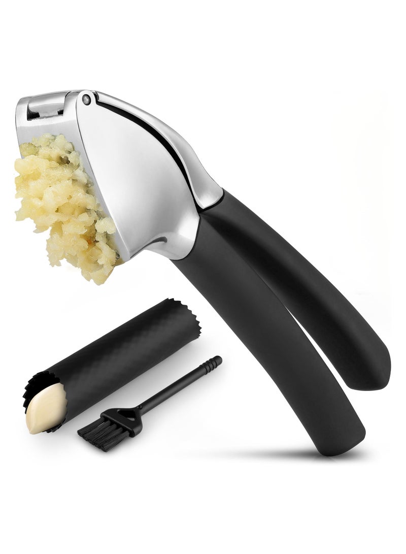 Comfort Grip Garlic Press - Garlic Mincer Tool - Garlic Crusher - Garlic Press Mincer Rust Proof, with Soft Ergonomic Handle, Easy Clean Set with Peeler and Brush  - Image 1