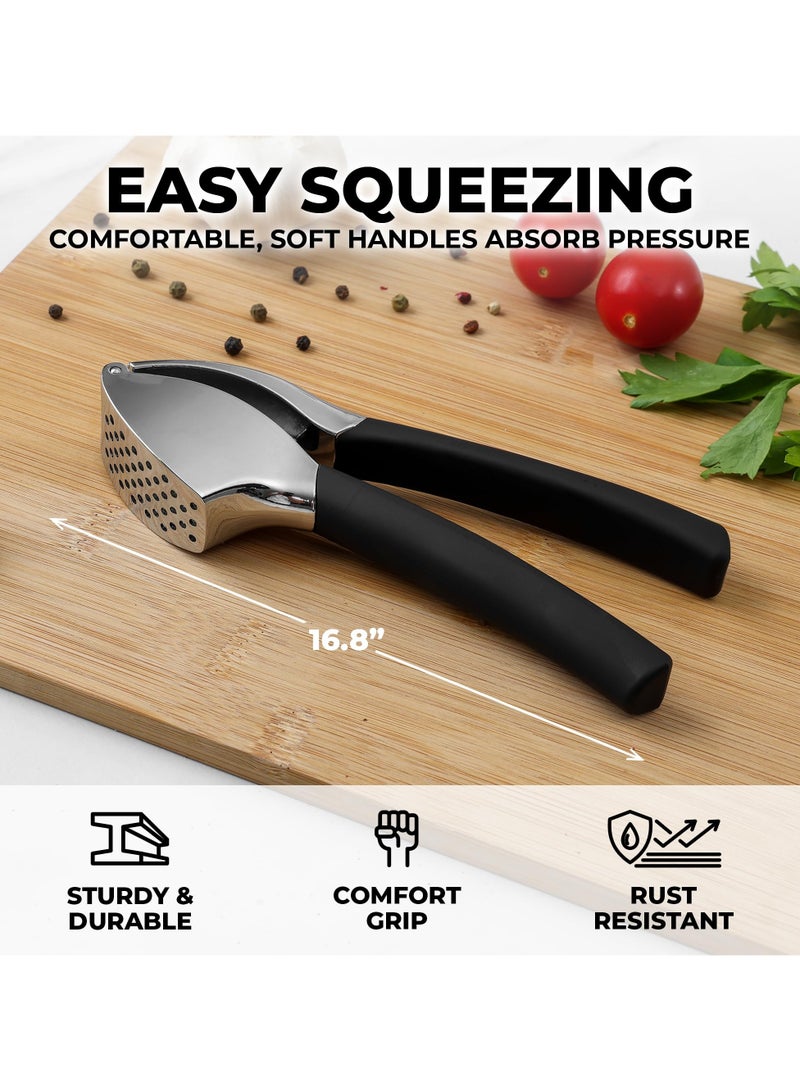Comfort Grip Garlic Press - Garlic Mincer Tool - Garlic Crusher - Garlic Press Mincer Rust Proof, with Soft Ergonomic Handle, Easy Clean Set with Peeler and Brush  - Image 2