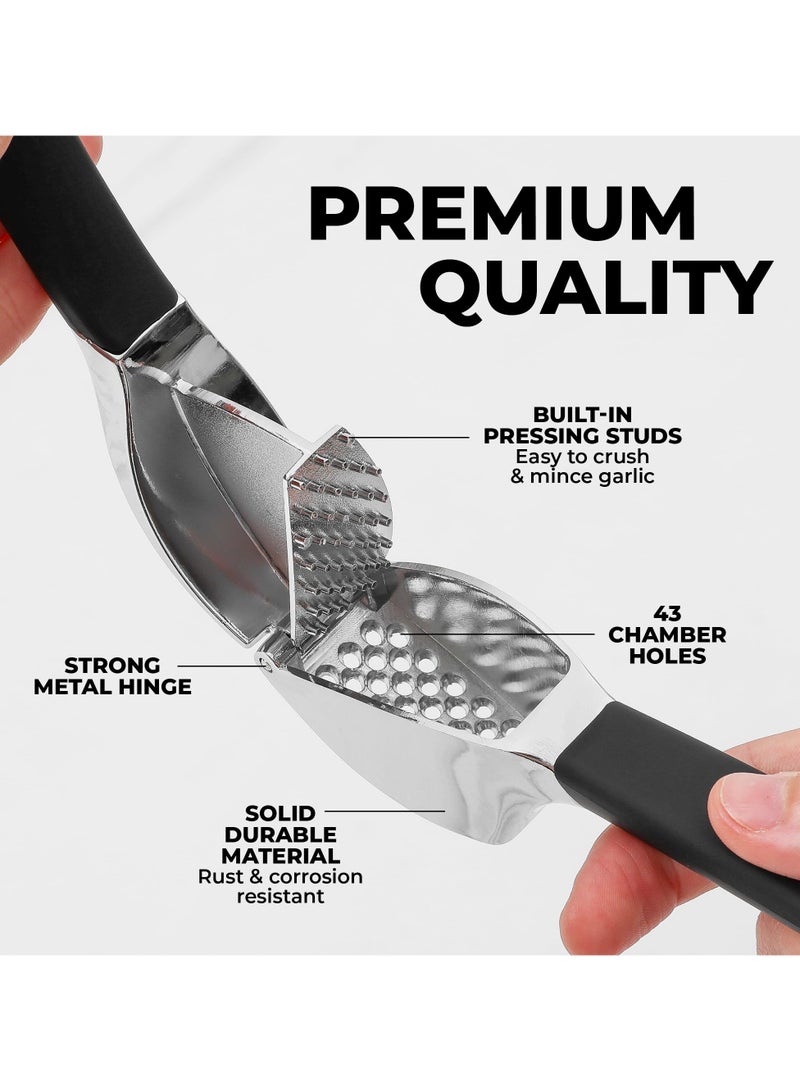 Comfort Grip Garlic Press - Garlic Mincer Tool - Garlic Crusher - Garlic Press Mincer Rust Proof, with Soft Ergonomic Handle, Easy Clean Set with Peeler and Brush  - Image 3