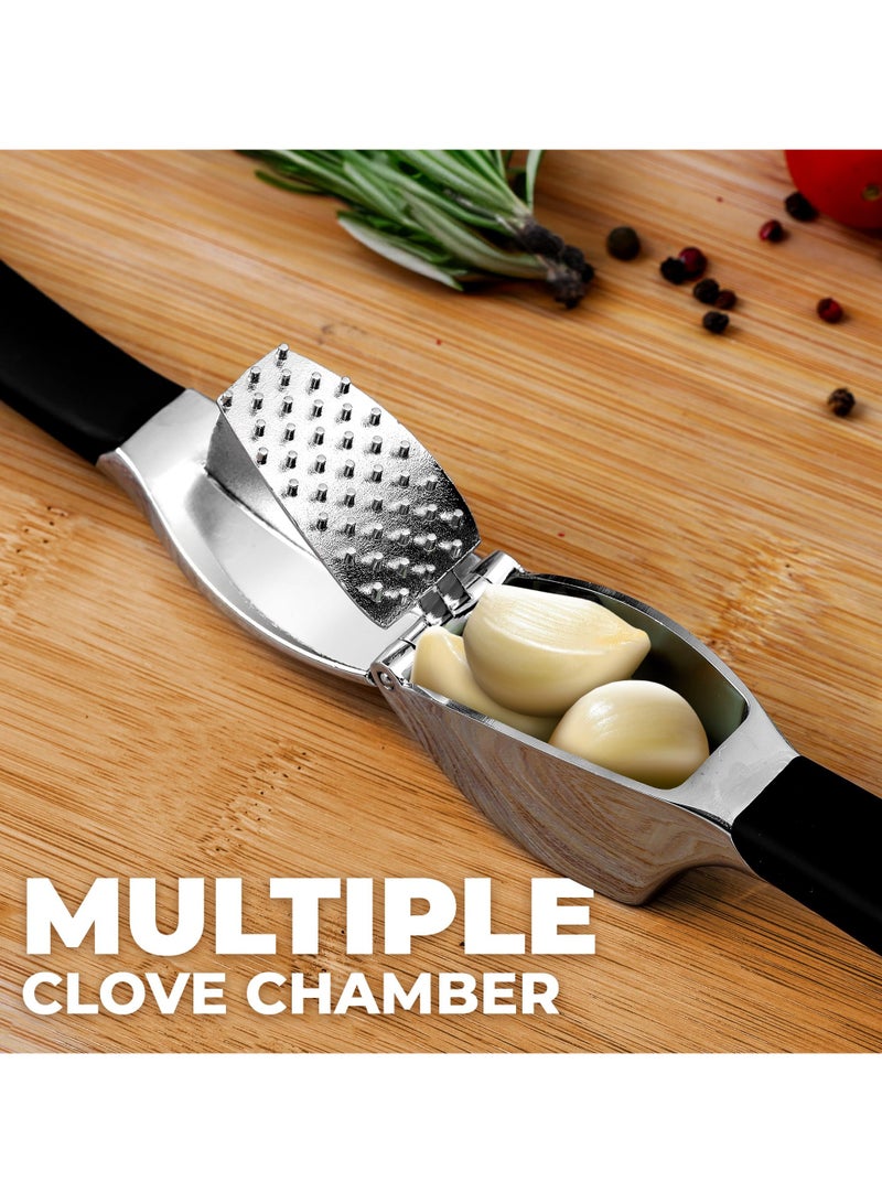 Comfort Grip Garlic Press - Garlic Mincer Tool - Garlic Crusher - Garlic Press Mincer Rust Proof, with Soft Ergonomic Handle, Easy Clean Set with Peeler and Brush  - Image 4