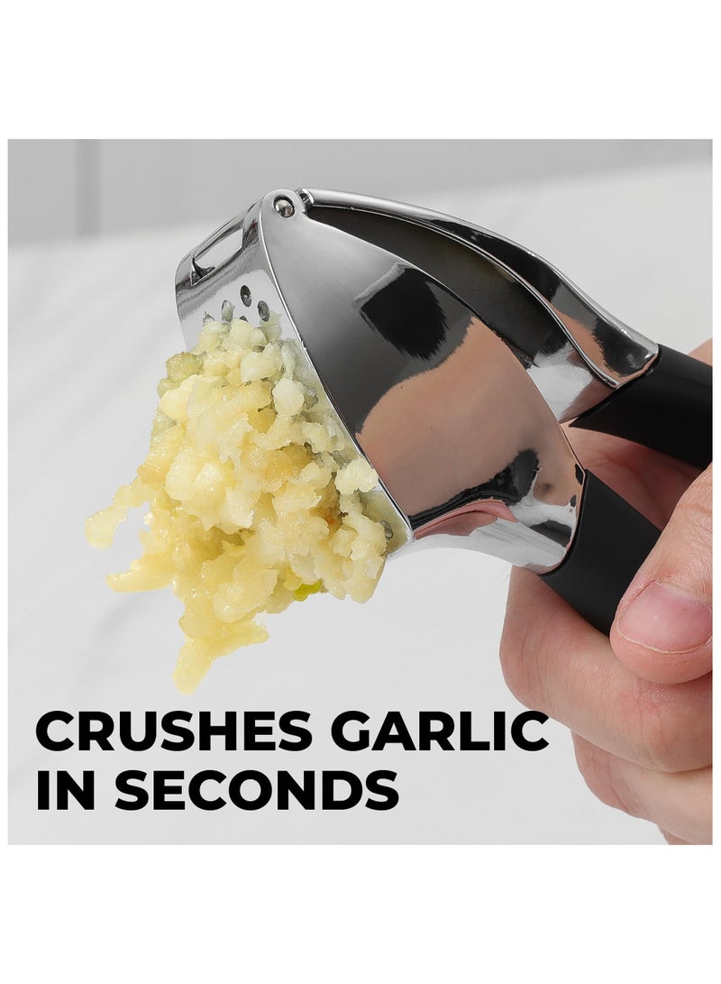 Comfort Grip Garlic Press - Garlic Mincer Tool - Garlic Crusher - Garlic Press Mincer Rust Proof, with Soft Ergonomic Handle, Easy Clean Set with Peeler and Brush  - Image 5