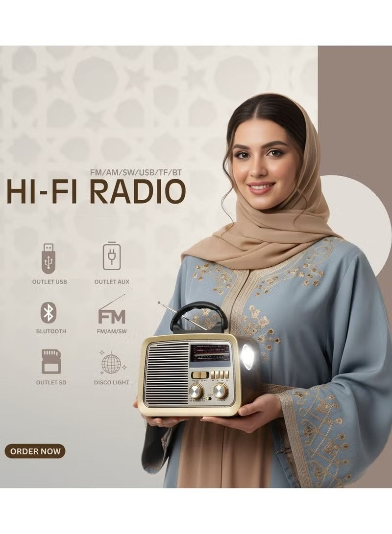 راديو محمول HI-FI بثلاث قنوات FM - AM - SW ذهبي/بني/أسود بلوتوث AUX بطاقة TF قرص فلاش USB - Image 2