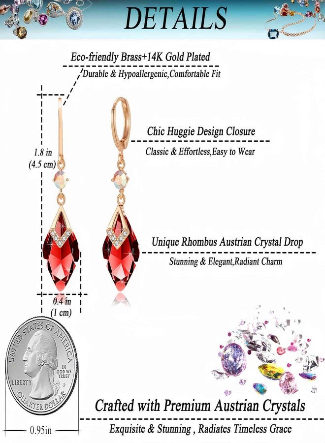 إيفيفك أقراط متدلية عصرية على شكل معين مرصعة بالكريستال النمساوي للنساء، مطلية بالذهب الوردي عيار 14 قيراط، مجوهرات مضادة للحساسية، هدية (أحمر) - Image 4