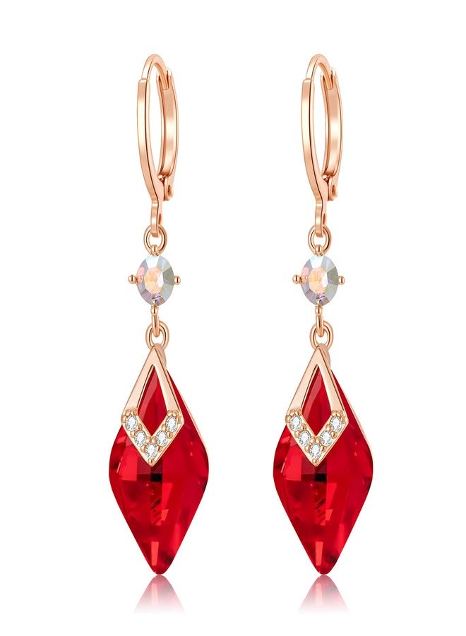 إيفيفك أقراط متدلية عصرية على شكل معين مرصعة بالكريستال النمساوي للنساء، مطلية بالذهب الوردي عيار 14 قيراط، مجوهرات مضادة للحساسية، هدية (أحمر) - Image 1