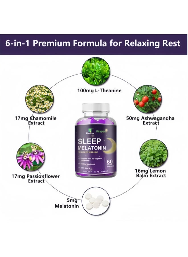 Wins Town Daynee 6-in-1 Sleep Melatonin Gummies | 5mg Melatonin, L-Theanine & Ashwagandha | Natural Sleep Aid for Fall Asleep Faster, Stay Asleep Longer & Stress Relief – 60 Vegan Gummies - Image 3