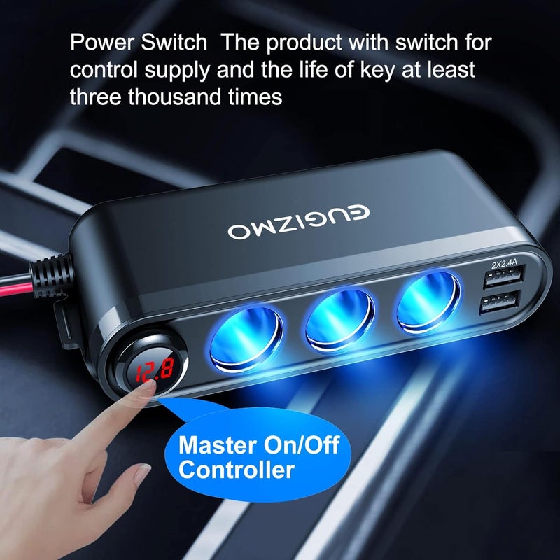 EUGIZMO 12V Cigarette Lighter Socket Splitter with USB Charger and LED Voltage Display - Image 4