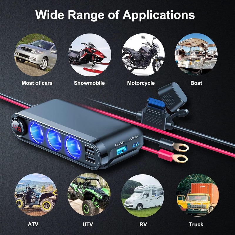 EUGIZMO 12V Cigarette Lighter Socket Splitter with USB Charger and LED Voltage Display - Image 3