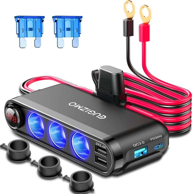 EUGIZMO 12V Cigarette Lighter Socket Splitter with USB Charger and LED Voltage Display - Image 1