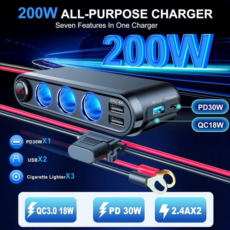 EUGIZMO 12V Cigarette Lighter Socket Splitter with USB Charger and LED Voltage Display - Image 5