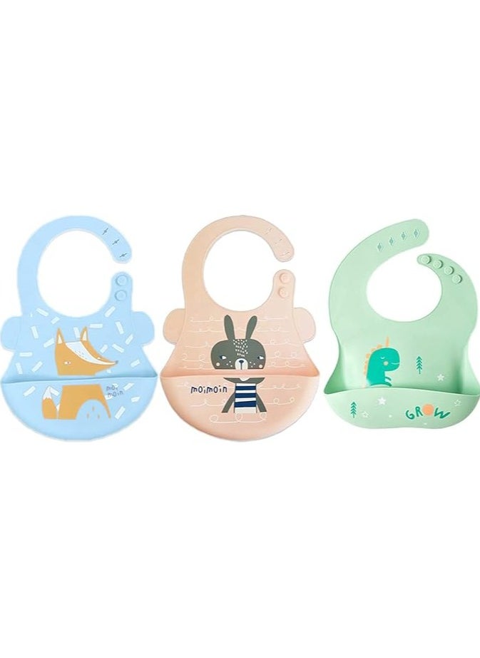 Pixie Pixie Baby Silicone Bibs Easily Clean Pack of 3, Soft Adjustable Waterproof Toddler Silicone Bibs for Babies Girl and Boy (Fox, Squirrel, Dinosaur)  - Image 1