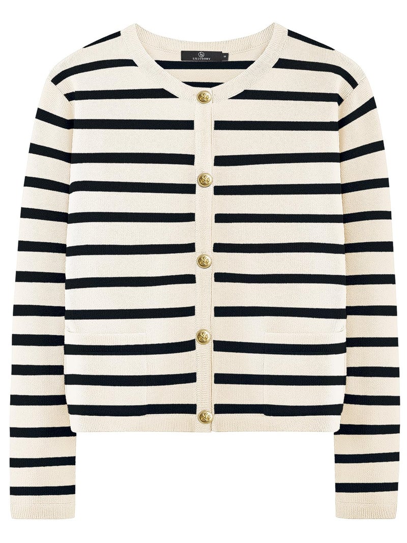 LILLUSORY Women's Striped Cardigan Sweaters Fall Outfits Clothes Fashion Trendy Long Sleeve Tops Casual Knit Lady Jackets Apricot Black XL - Image 1
