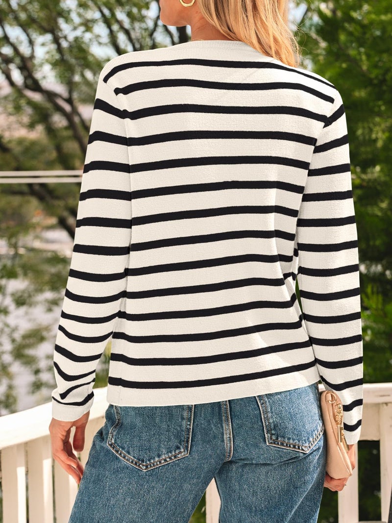 LILLUSORY Women's Striped Cardigan Sweaters Fall Outfits Clothes Fashion Trendy Long Sleeve Tops Casual Knit Lady Jackets Apricot Black XL - Image 4