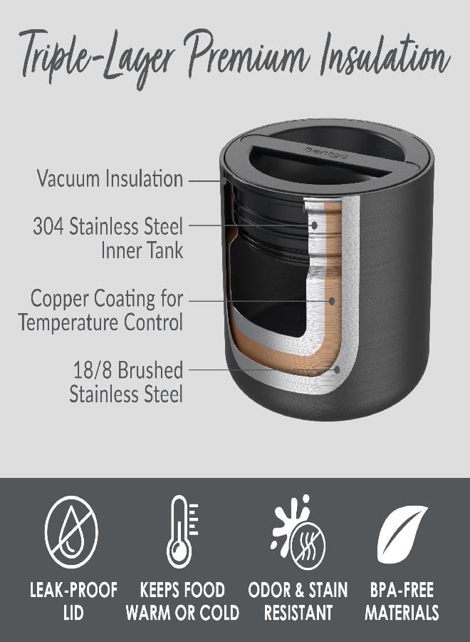 Bentgo Bentgo Stainless Insulated Food Container - 2.4 Cups (19 oz), Triple-Layer Insulation, Vacuum Seal, Leak-Proof, Built-In Handle, Wide Opening, Premium Stainless Steel, for Cool/Warm Foods (Black) - Image 3