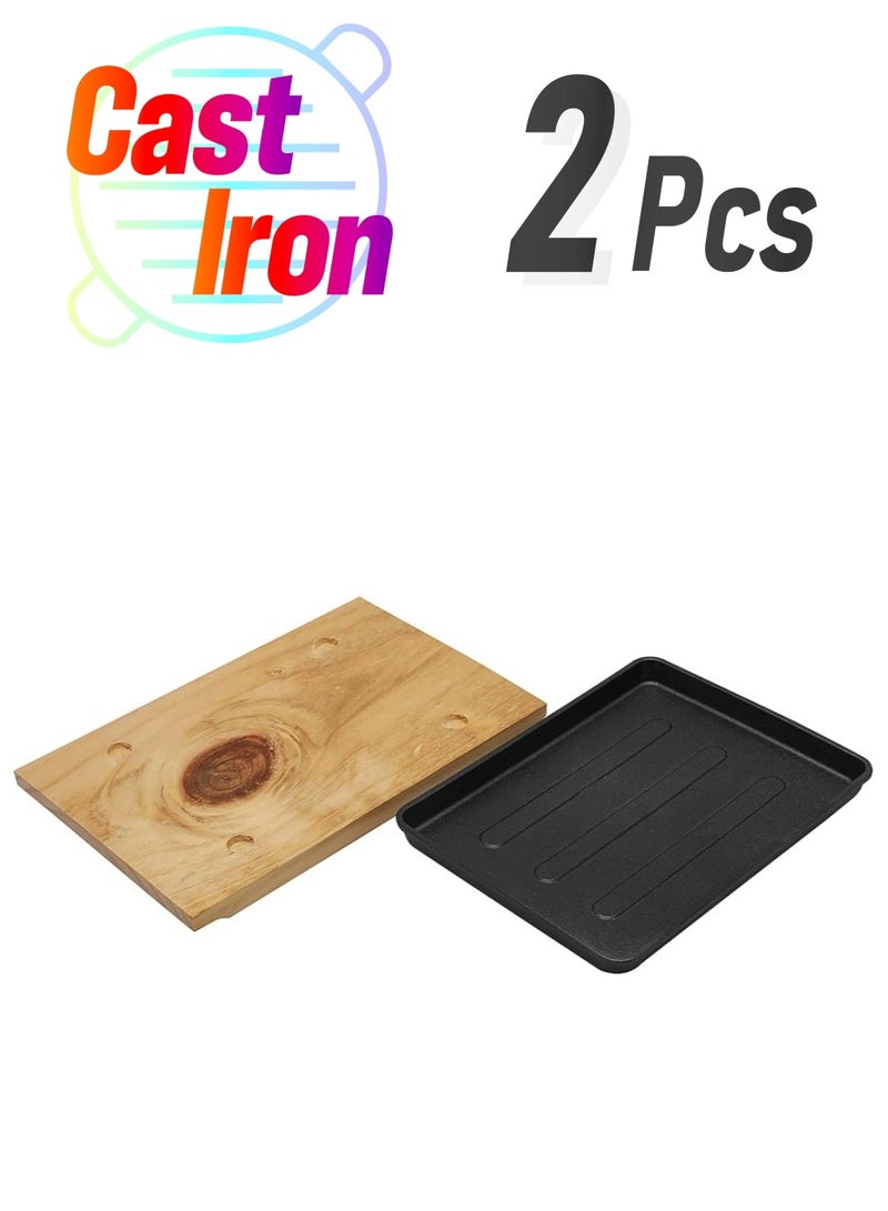 23.5cm*17.5cm Rectangular Cast Iron Skillet with Wooden Base | Oven Safe Cast Iron Roasting Cooking Grill Pan