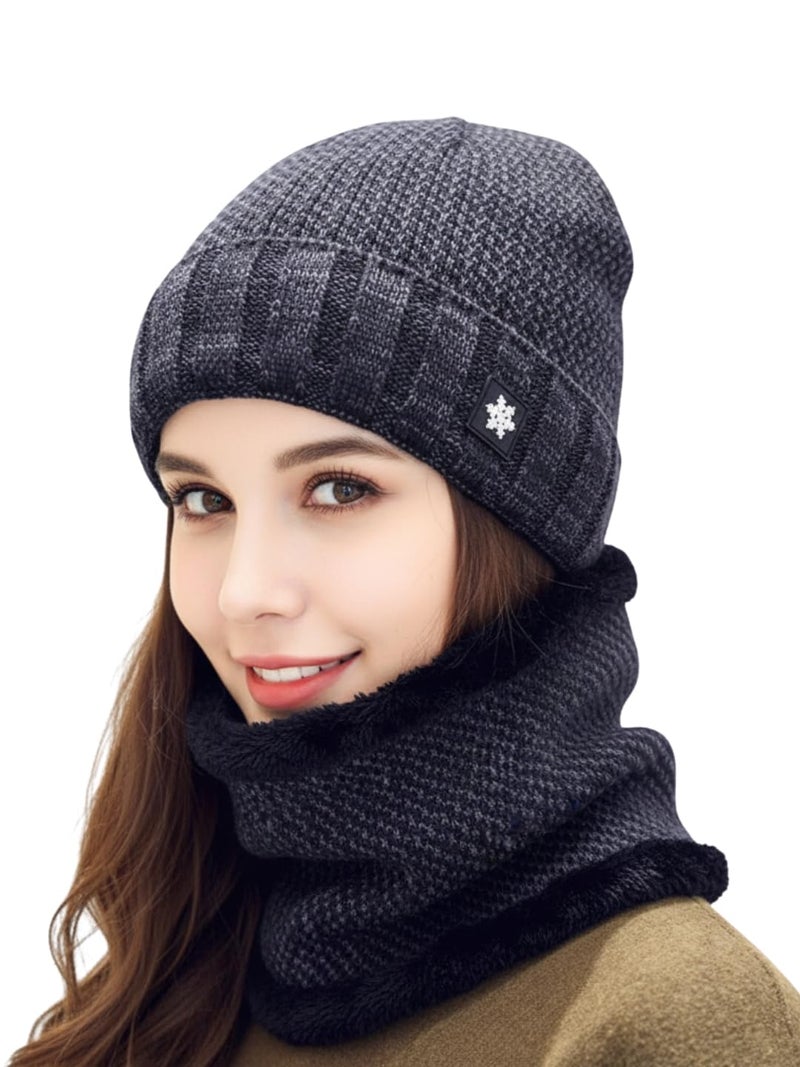 iSWEVEN Men and Women Woolen Inside Fur Warm Winter Hat with Neck Warmer Scarf 2in1 Unisex Soft Wool Slouchy Stylish Skull Woollen Beanie Cap (4093A, Blue) - Image 2