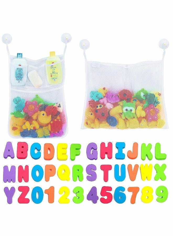 2 x Mesh Bath Toy Organizer + 4 Ultra Strong Hooks + 36 Bath Letters  Numbers – Eco-Safe, Fun, Educational Foam Baby Bath Letters and Perfect Toy Storage Net for Baby Bath Toys  More