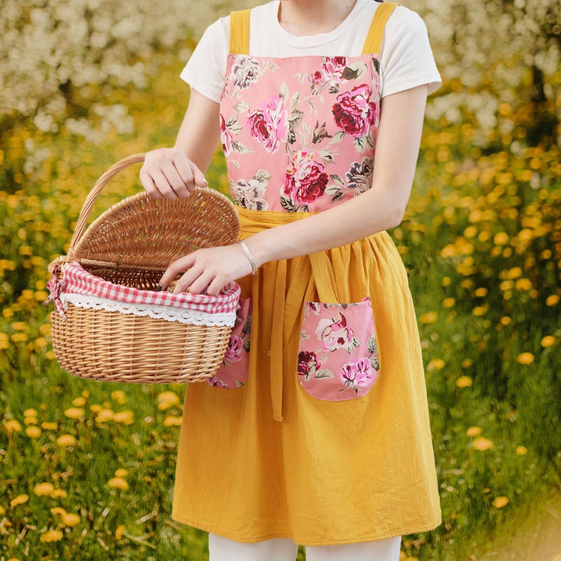 Pinknoke Vintage Pinafore Apron Dress for Women with Pockets Cute Floral Chef Aprons for Kitchen Cooking Baking Gardening (Yellow) - Image 2