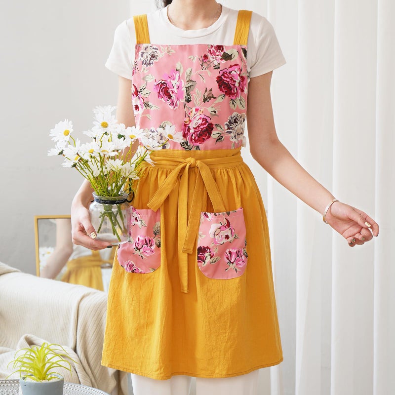 Pinknoke Vintage Pinafore Apron Dress for Women with Pockets Cute Floral Chef Aprons for Kitchen Cooking Baking Gardening (Yellow) - Image 3