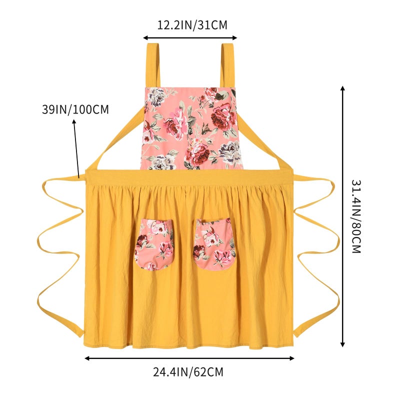 Pinknoke Vintage Pinafore Apron Dress for Women with Pockets Cute Floral Chef Aprons for Kitchen Cooking Baking Gardening (Yellow) - Image 5