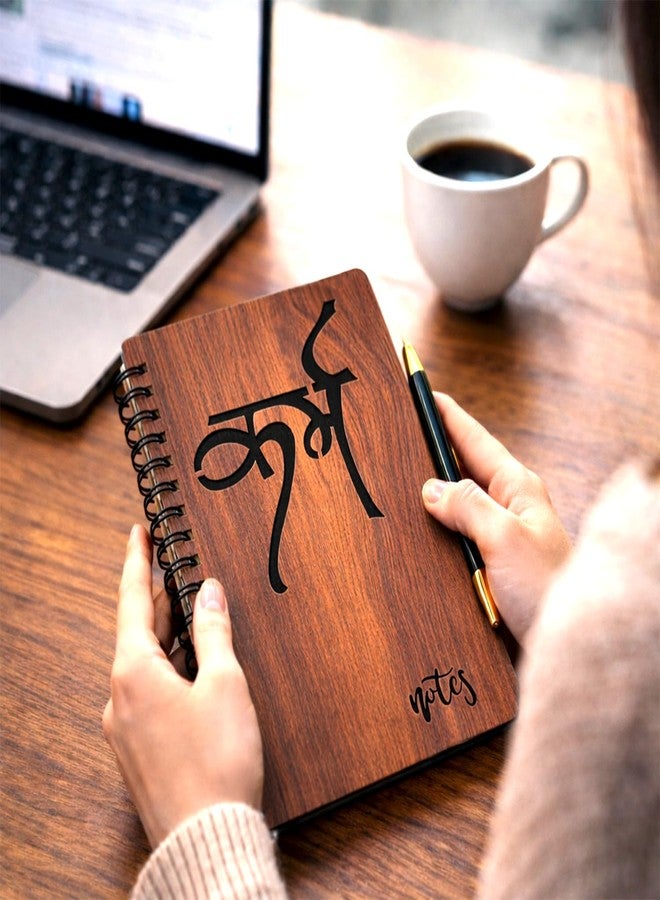 WallDaddy Wooden Spiral Notebook Diary Karma Text - A5 Size (22.5×15 cm) Engraved Wood Cover Journal | Ruled Pages Notepad for Office, School, Study, Planning & Gifting - Image 1