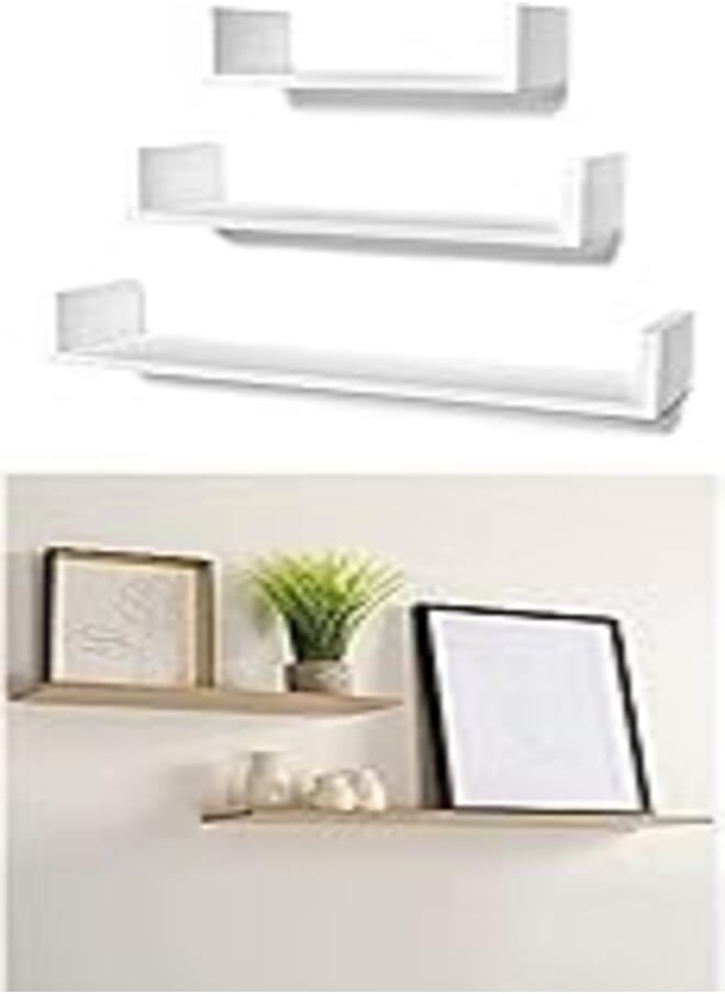 OR STOREMIC U-Shaped Floating Mounted Shelves for Wall 50cm, 35cm, 25cm, Easy to Install White, Pack of 3 + Home gallery floating shelf 60x20 beige 