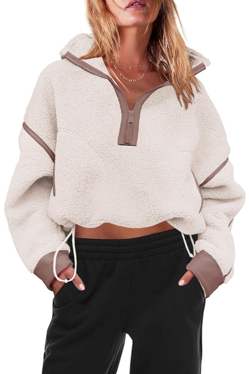 Panadila Womens Half Zip Sherpa Fleece Pullover Soft Oversized Sweatshirt with Pockets Warm Fuzzy Sweater (Beige,L) - Image 2