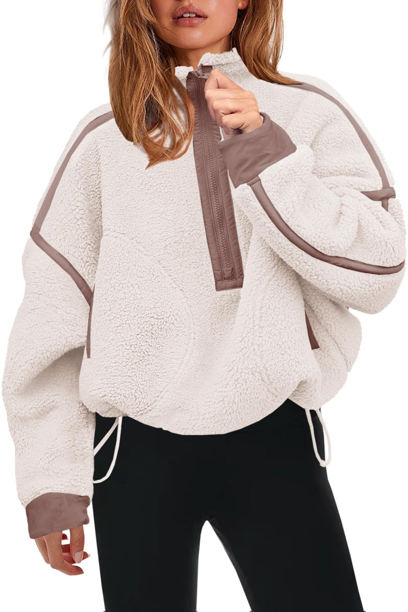 Panadila Womens Half Zip Sherpa Fleece Pullover Soft Oversized Sweatshirt with Pockets Warm Fuzzy Sweater (Beige,L) - Image 1