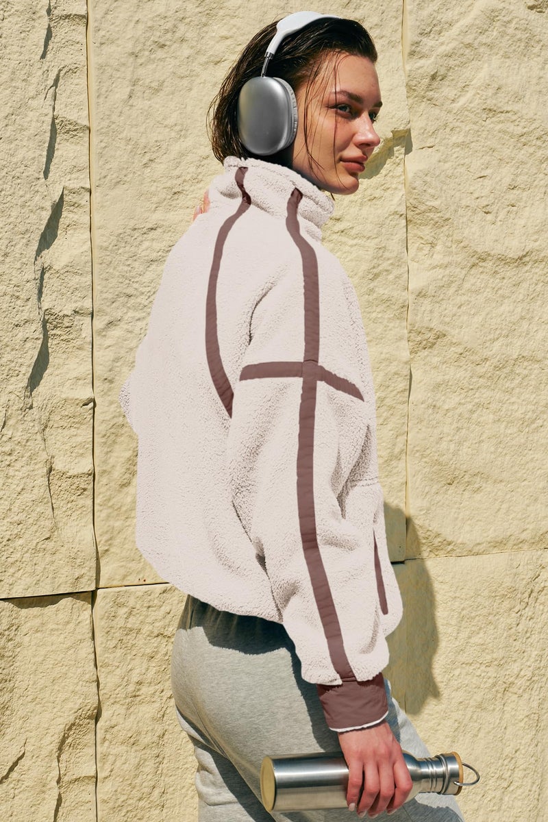 Panadila Womens Half Zip Sherpa Fleece Pullover Soft Oversized Sweatshirt with Pockets Warm Fuzzy Sweater (Beige,L) - Image 5