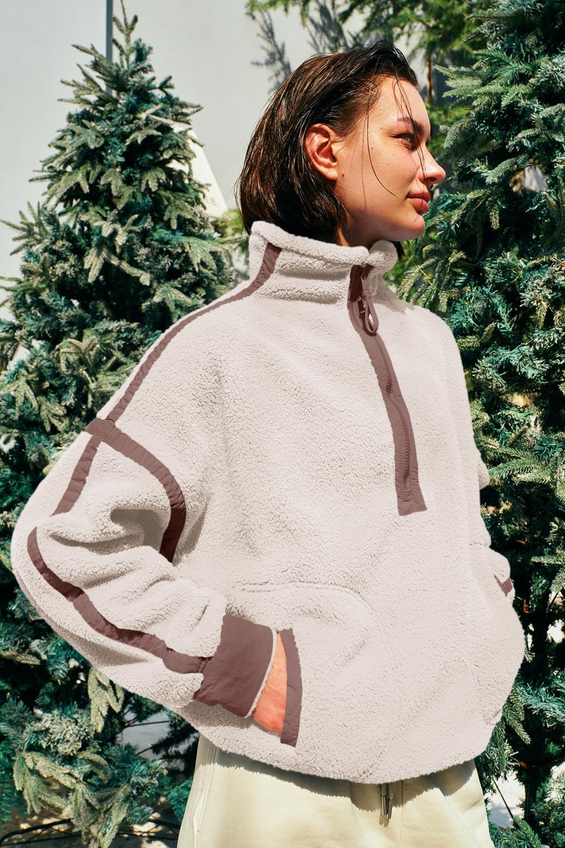 Panadila Womens Half Zip Sherpa Fleece Pullover Soft Oversized Sweatshirt with Pockets Warm Fuzzy Sweater (Beige,L) - Image 3