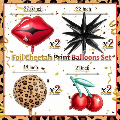 Realspring 8 Pcs Black and Red Foil Balloons Kit Cherry Print Red Lips Cheetah Pattern and Black Star Balloons for Bachelorette Party Decor Kiss the Miss Goodbye Womens Birthday Baby Shower - Image 5