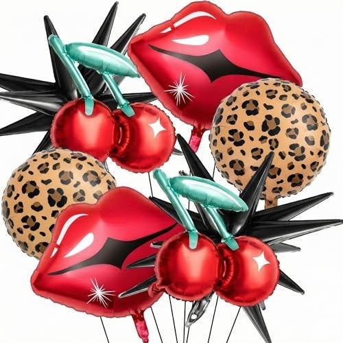 Realspring 8 Pcs Black and Red Foil Balloons Kit Cherry Print Red Lips Cheetah Pattern and Black Star Balloons for Bachelorette Party Decor Kiss the Miss Goodbye Womens Birthday Baby Shower - Image 1