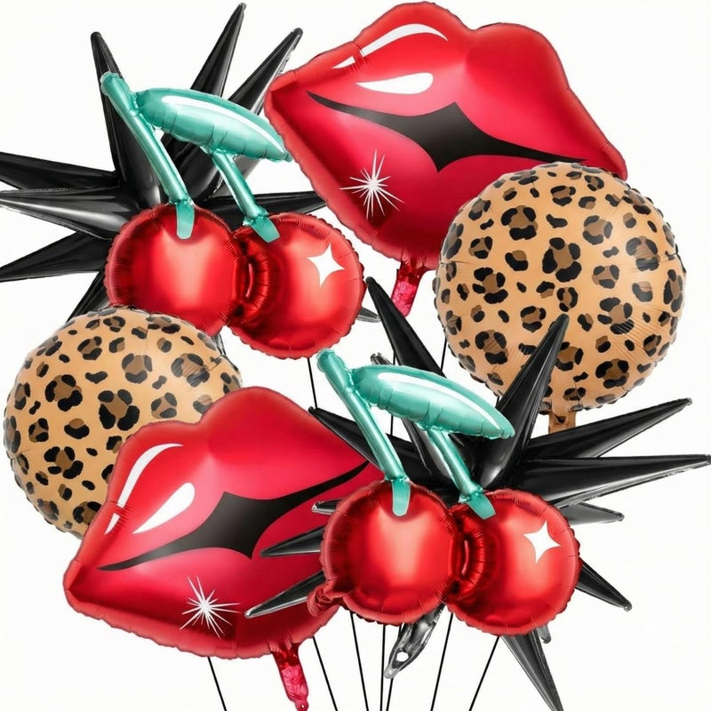 Realspring 8 Pcs Black and Red Foil Balloons Kit Cherry Print Red Lips Cheetah Pattern and Black Star Balloons for Bachelorette Party Decor Kiss the Miss Goodbye Womens Birthday Baby Shower - Image 3