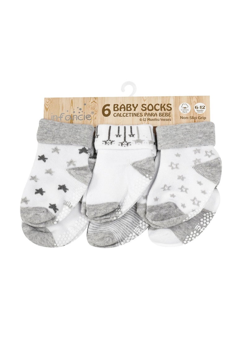 infancie - 6-Pack Non-Slip Grip Baby Cotton Socks (6-12 Months) Grey/White - Image 1