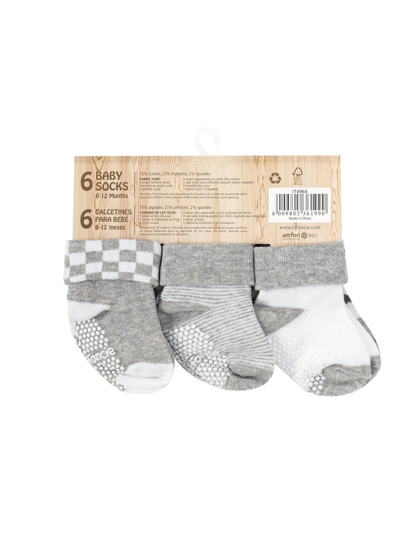 infancie - 6-Pack Non-Slip Grip Baby Cotton Socks (6-12 Months) Grey/White - Image 1