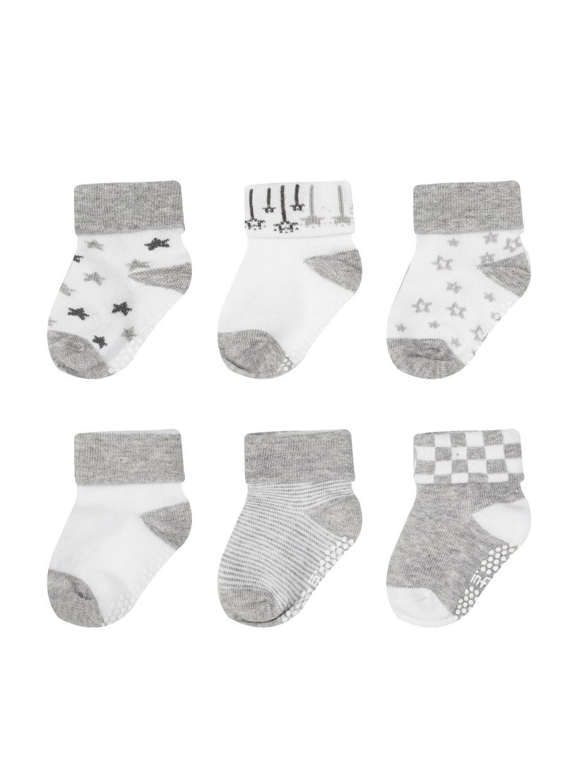 infancie - 6-Pack Non-Slip Grip Baby Cotton Socks (6-12 Months) Grey/White - Image 1