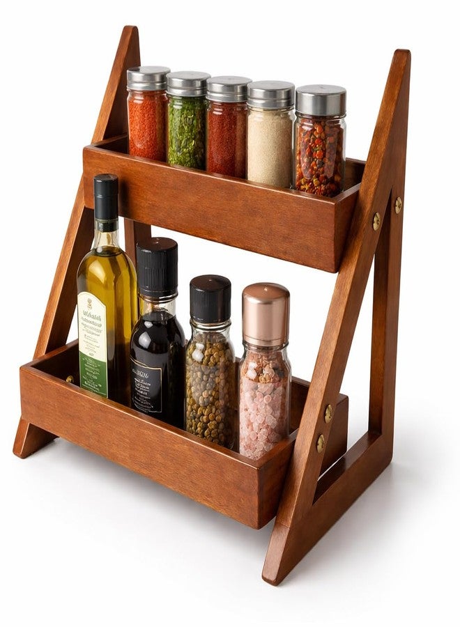 Kundi Versatile Wooden Triangular Spice Rack - 2-Tier Kitchen Countertop Organizer with Jars & Bottles Holder | Stylish Kitchen Storage & Décor (2 TIER BROWN) - Image 1