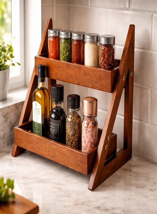 Kundi Versatile Wooden Triangular Spice Rack - 2-Tier Kitchen Countertop Organizer with Jars & Bottles Holder | Stylish Kitchen Storage & Décor (2 TIER BROWN) - Image 3