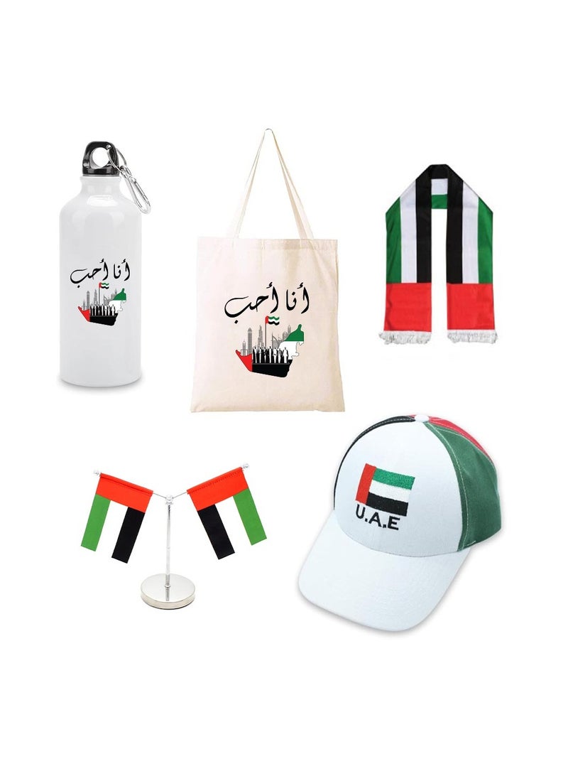 UAE Celebration Day Pack Of 5 Combo Gift Set-Includes Cotton Bag,Scarf,Table Flag,Water Flask Bottle,Stylish Cap-Perfect For UAE Celebration Day - Image 1