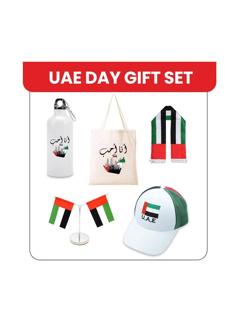 UAE Celebration Day Pack Of 5 Combo Gift Set-Includes Cotton Bag,Scarf,Table Flag,Water Flask Bottle,Stylish Cap-Perfect For UAE Celebration Day - Image 2